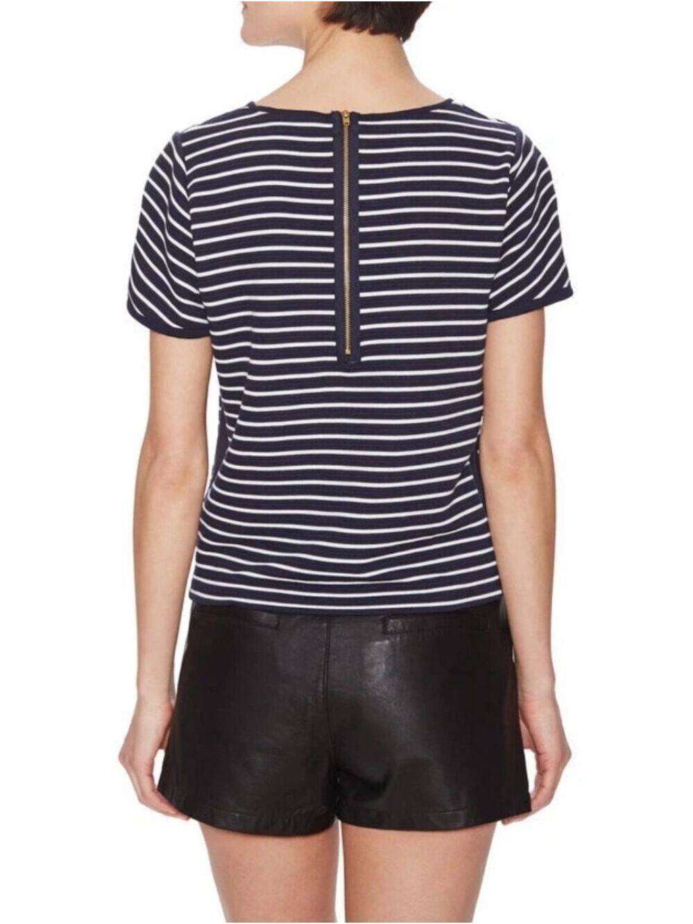 FRENCH CONNECTION BLUE SUKI STRIPE TEXTURED CAP SLEEVE EXPOSED ZIPPER TOP SMALL